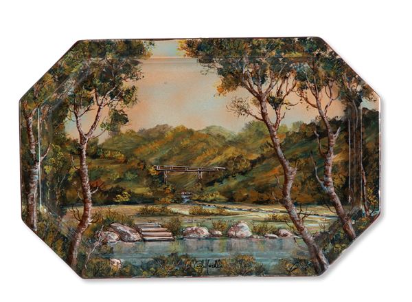 CARLO MORELLI - Octagonal ceramic tray "LANDSCAPE"