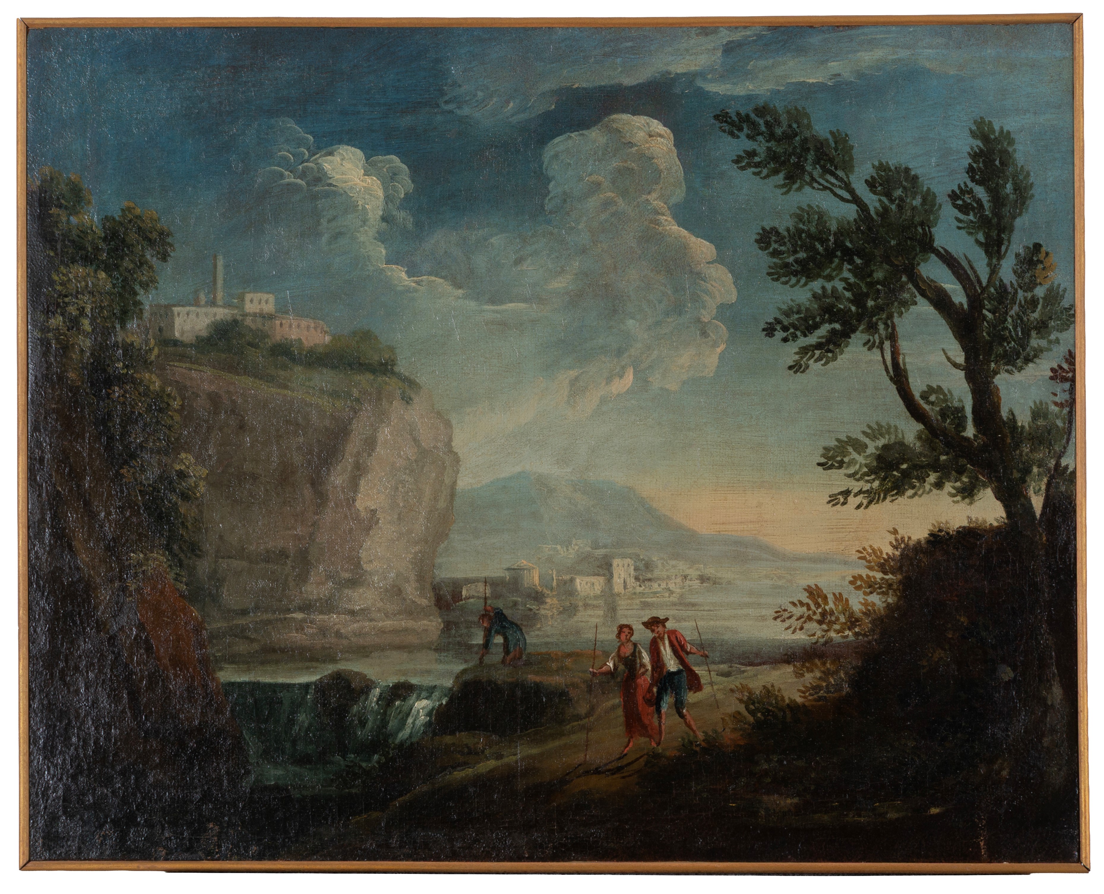 Coppia di dipinti, Paesaggi con figure, olio su tela, XVIII secolo