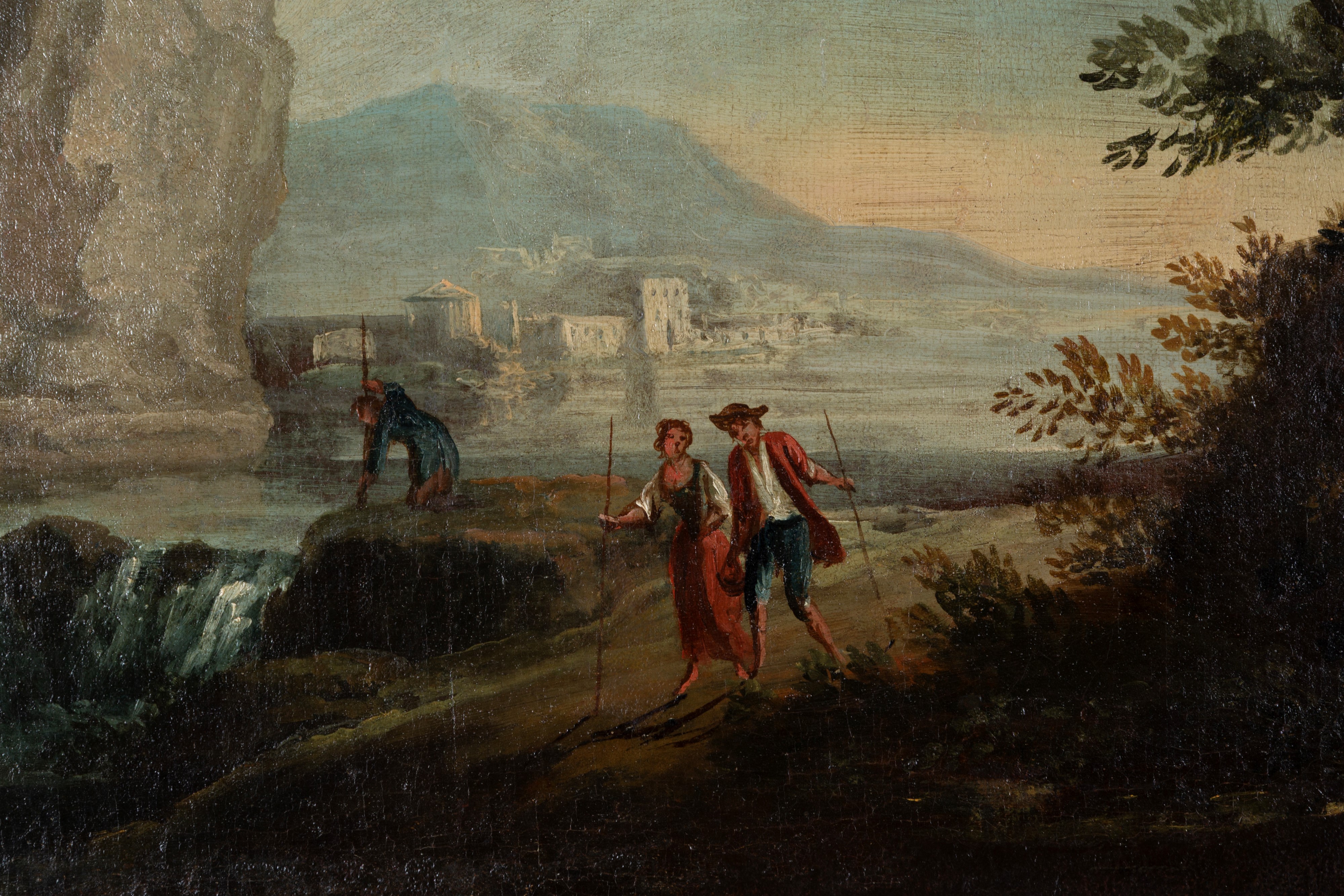 Coppia di dipinti, Paesaggi con figure, olio su tela, XVIII secolo