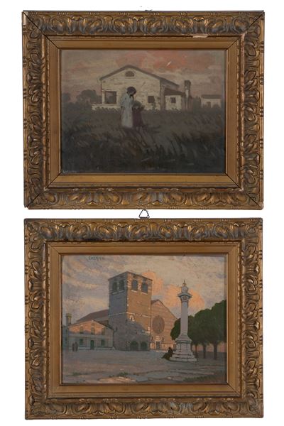 Casolare con figure; Pietro Lucano, Veduta di San Giusto