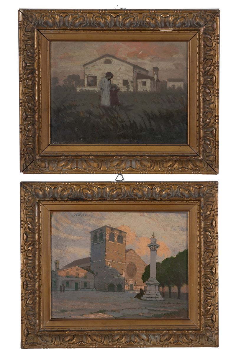 Casolare con figure; Pietro Lucano, Veduta di San Giusto