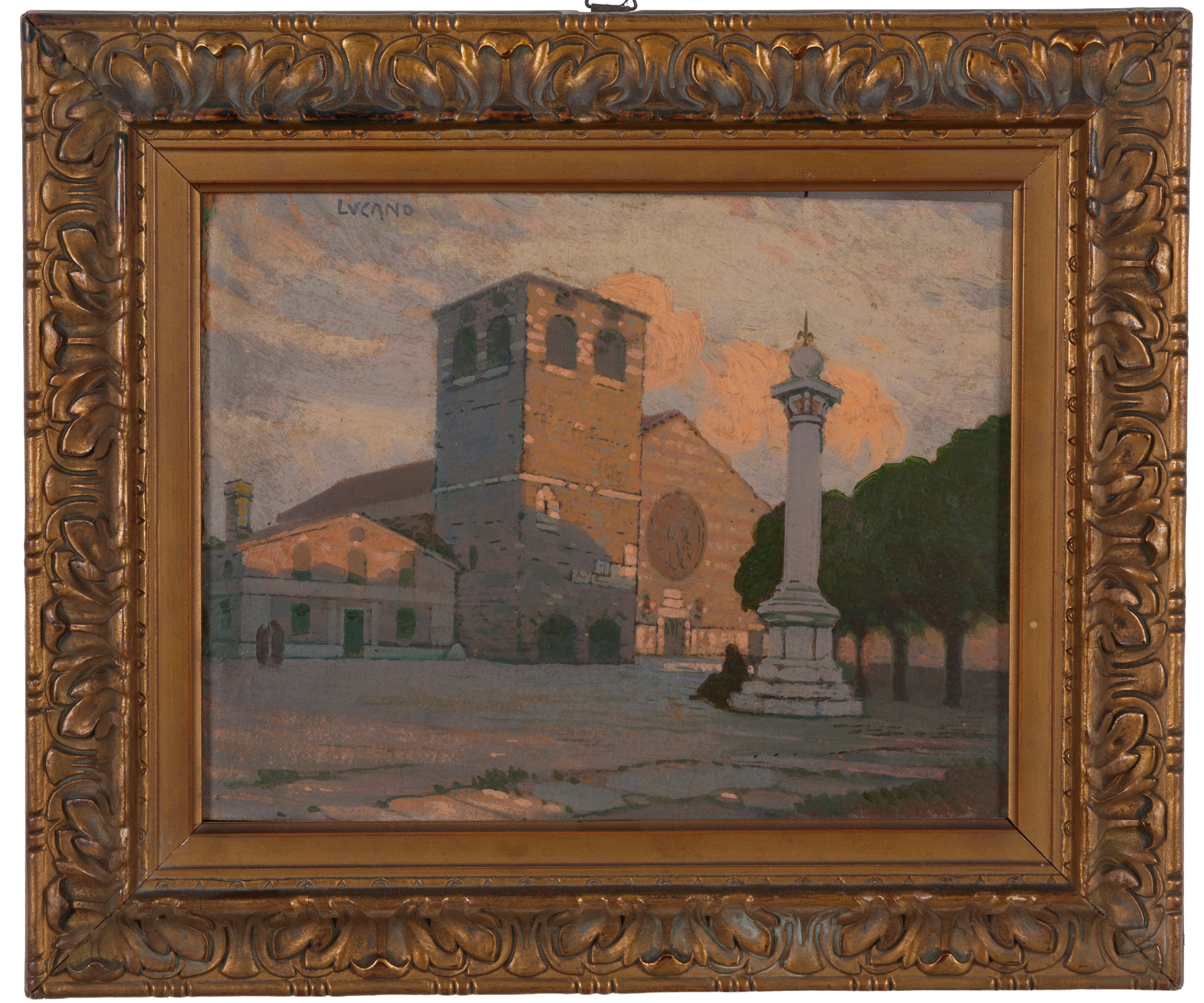 Casolare con figure; Pietro Lucano, Veduta di San Giusto