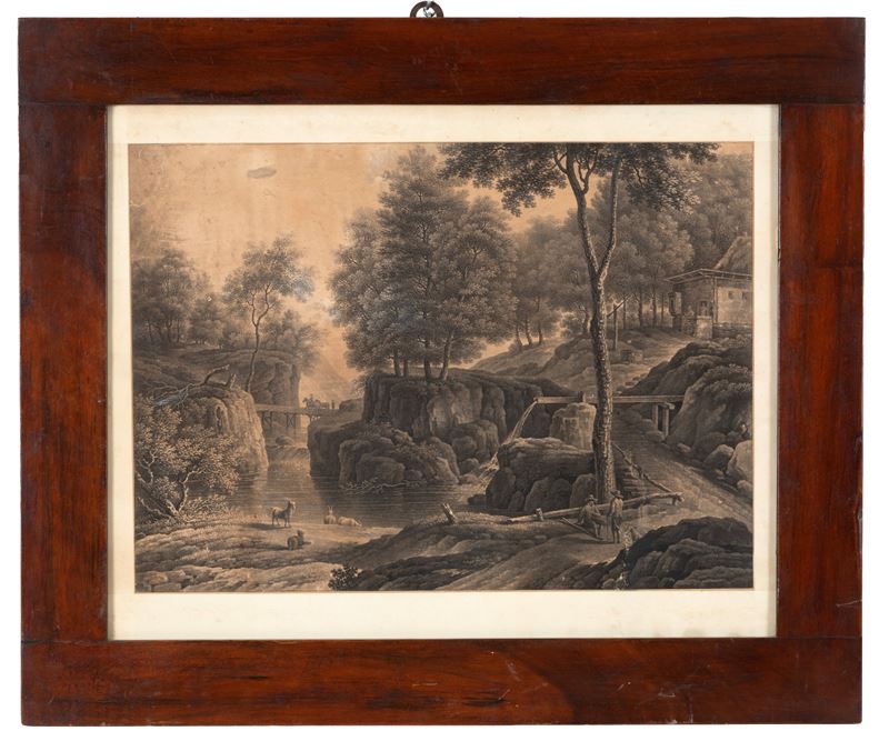 Incisione, Paesaggio con figure e animali (XIX secolo)