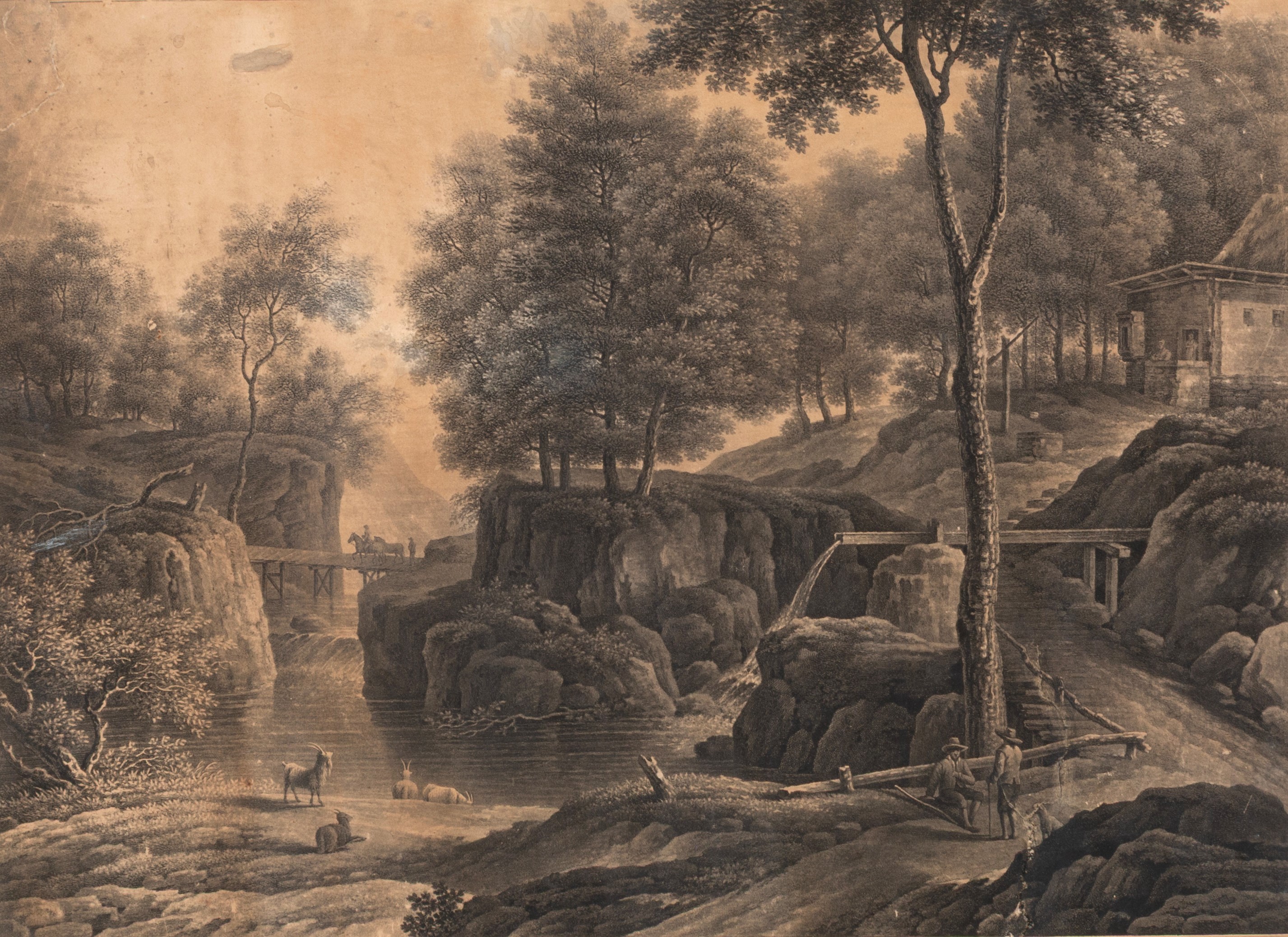 Incisione, Paesaggio con figure e animali (XIX secolo)