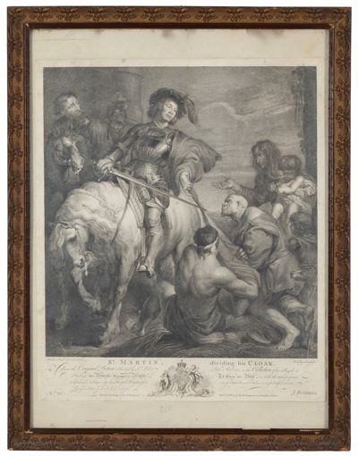 San Martino divide il suo mantello (incisione su carta, XVIII secolo)