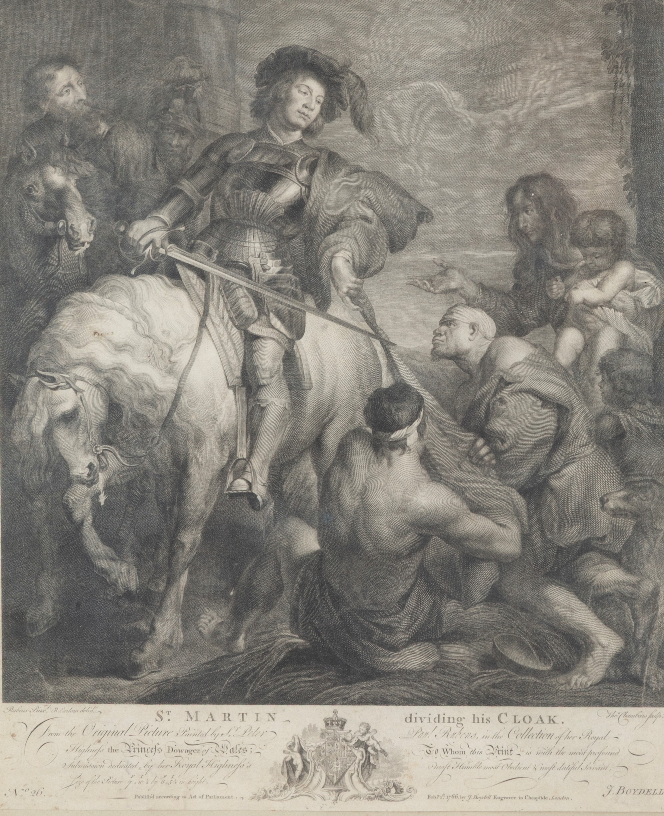 Pieter Paul Rubens - San Martino divide il suo mantello (incisione su carta, XVIII secolo)