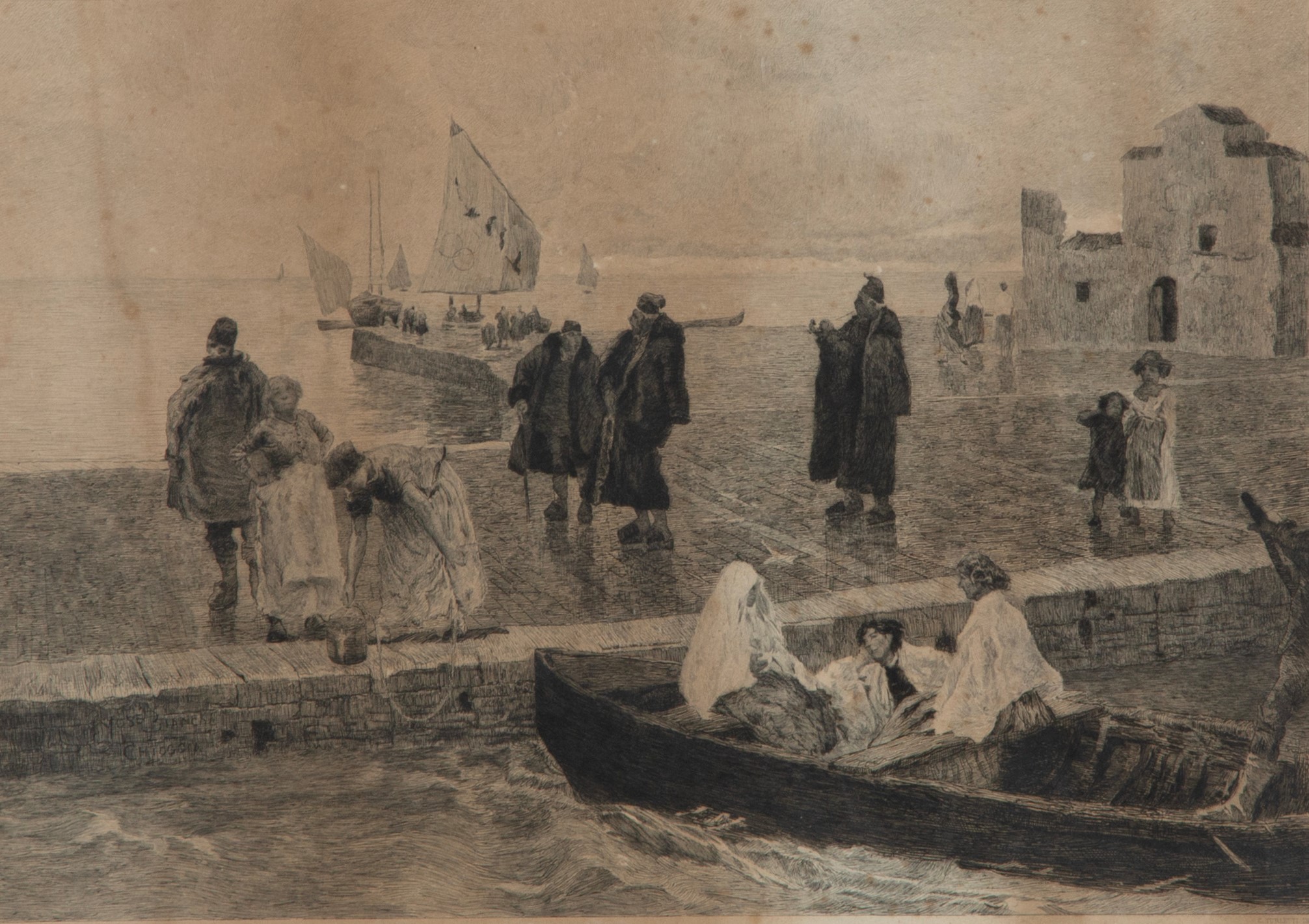 Mosè Bianchi, Donne di Chioggia ed Invalidi del Mare (incisione, con cornice)