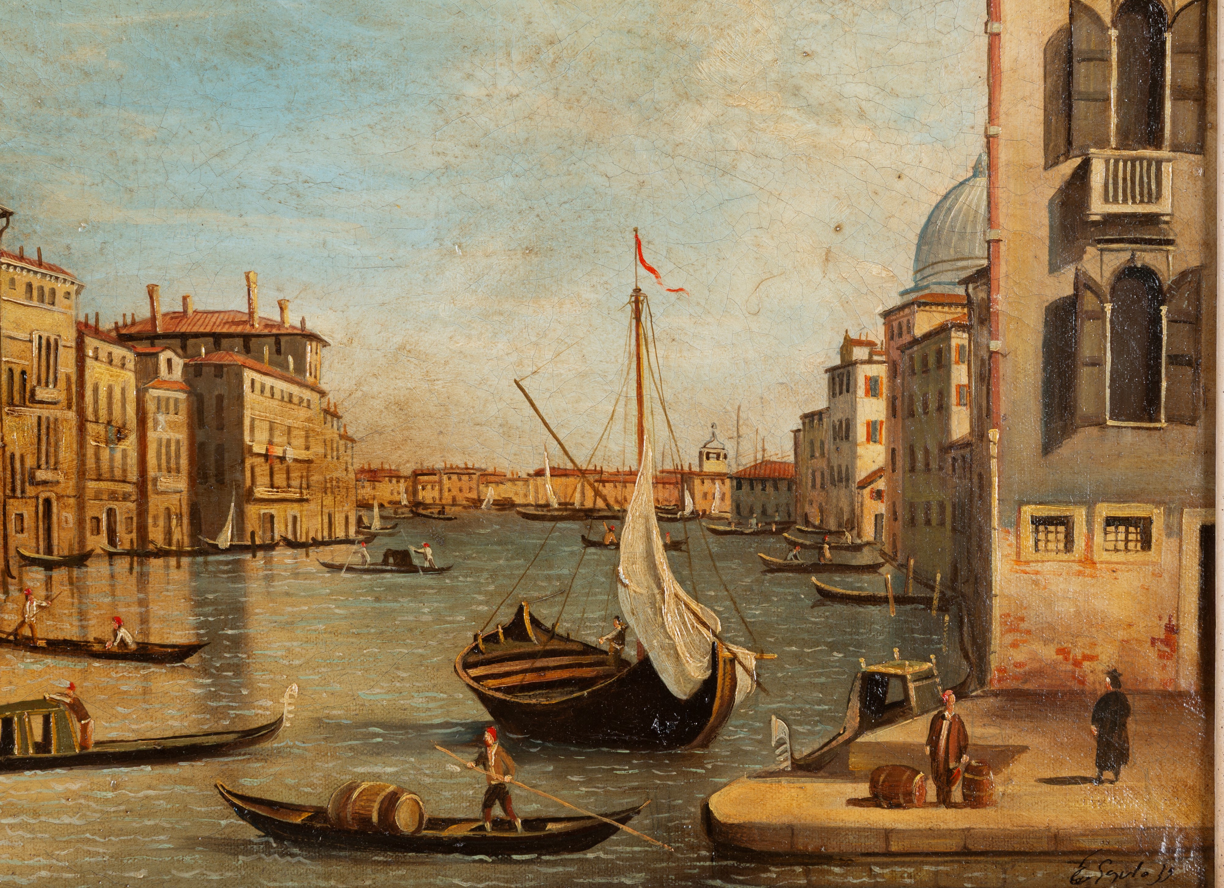 Dipinto, Veduta del Canal Grande con barche e figure, olio su tela, XX secolo