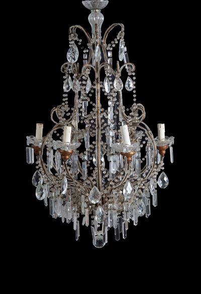 Lampadario a gabbia, sei luci, ottone e perline di vetro (XX secolo)