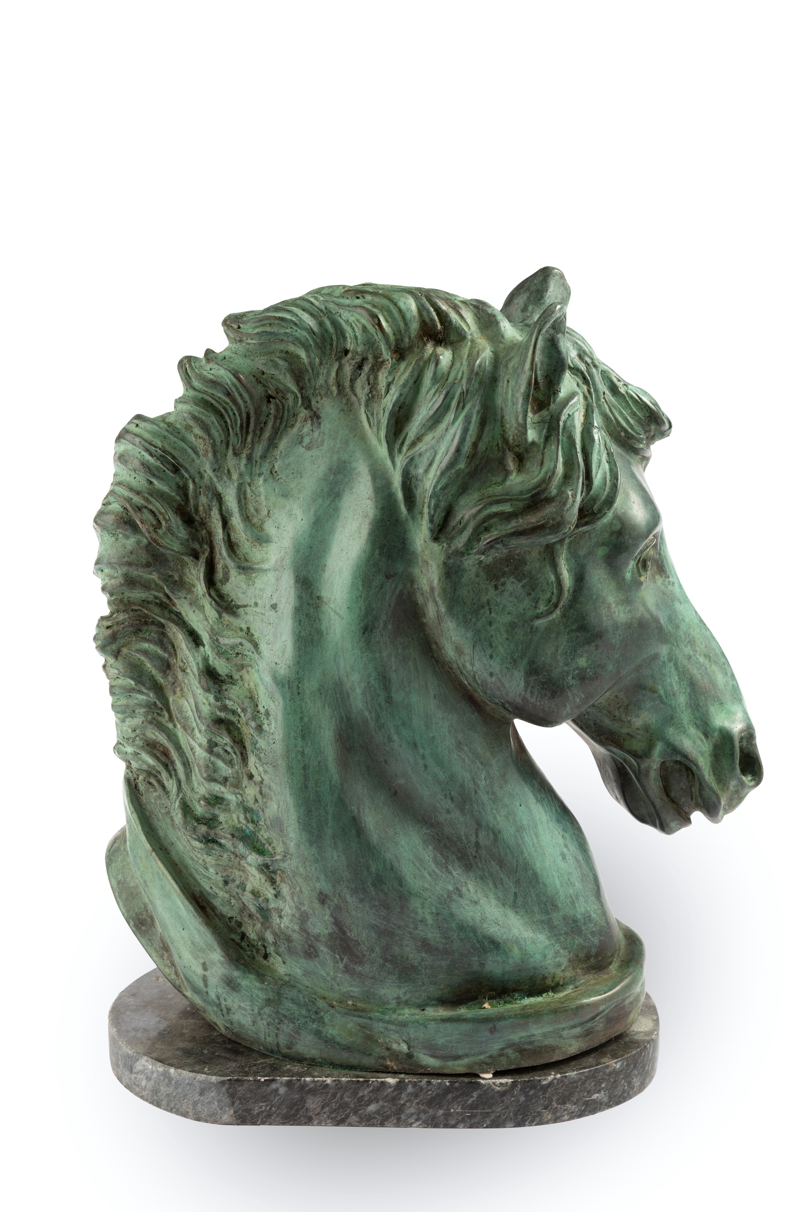 Scultura, Testa di cavallo in bronzo patinato su base in marmo (XX secolo)