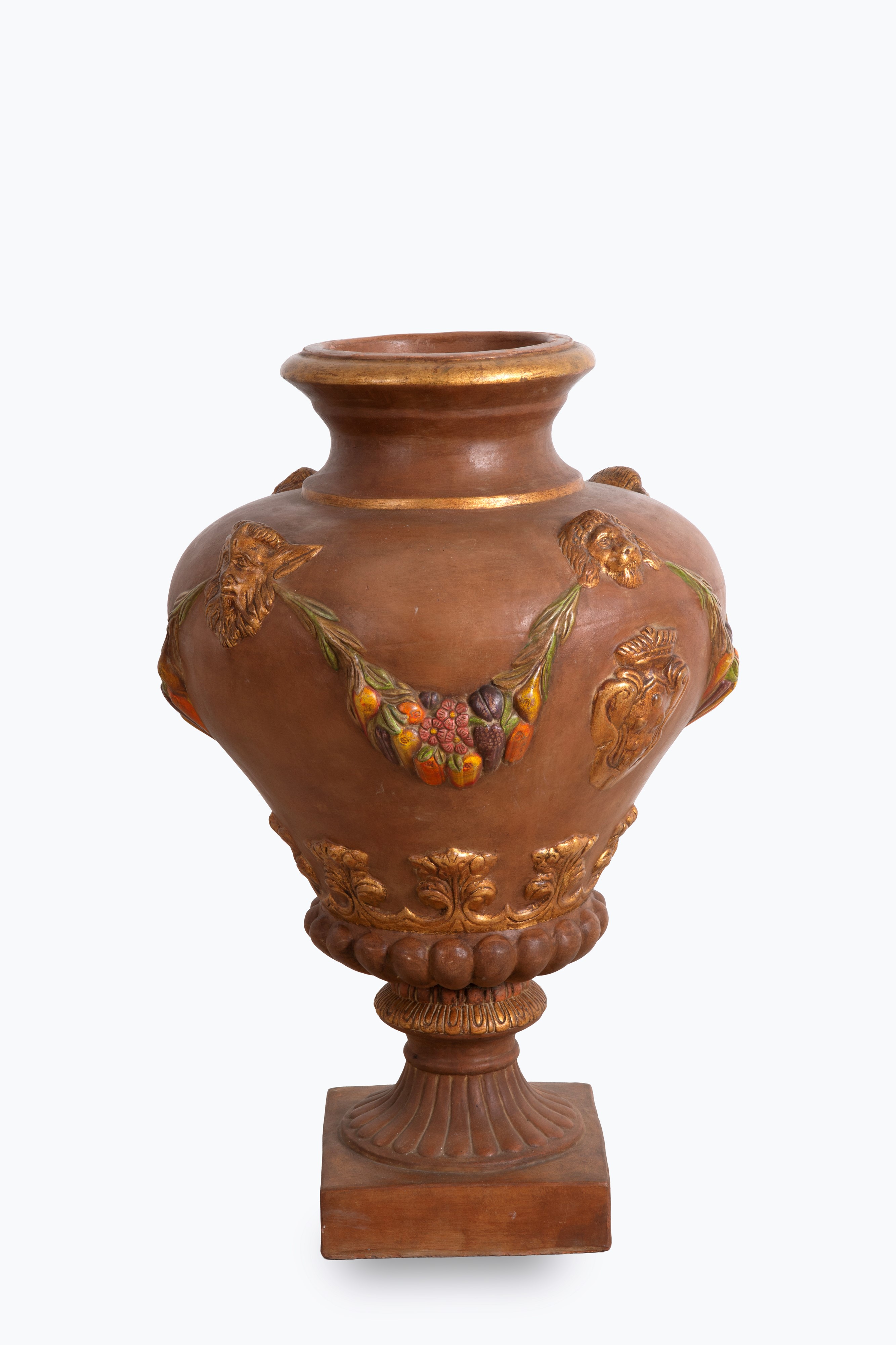 Vaso in terracotta dipinta con mascheroni e ghirlande, XIX secolo