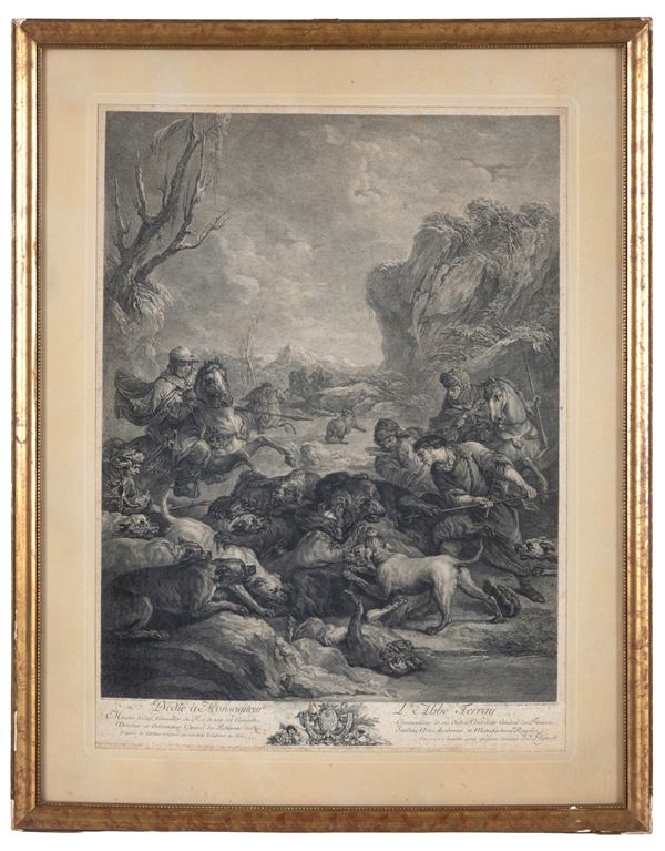 CARLE VAN LOO - Incisione "CACCIA ALL'ORSO"