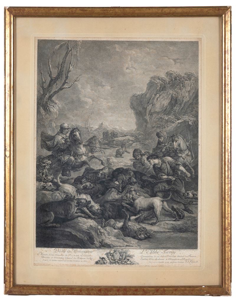 Carle Van Loo - Caccia all’orso (incisione)