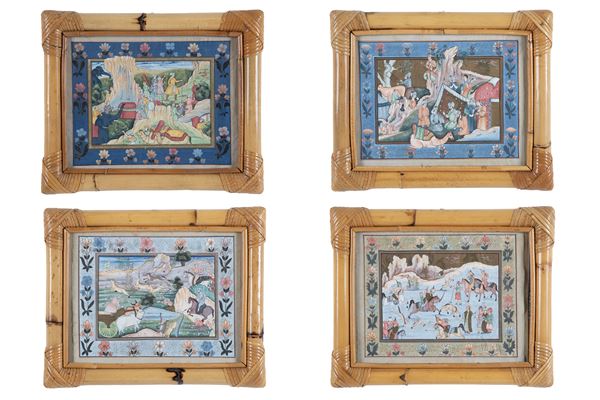 Four tempera paintings "INDIAN COURT SCENES"