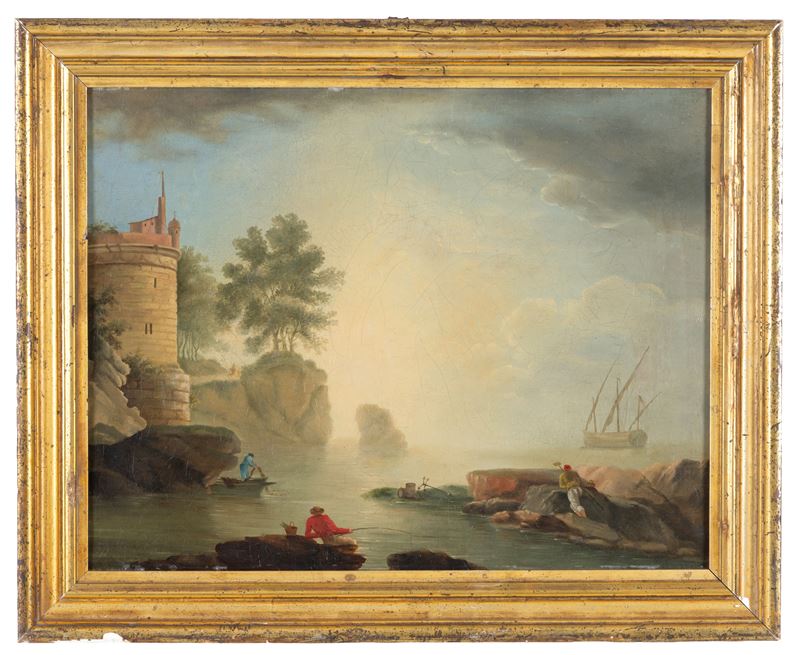 Charles Francois Grenier De Lacroix Marseille - Veduta costiera al tramonto, olio su tela