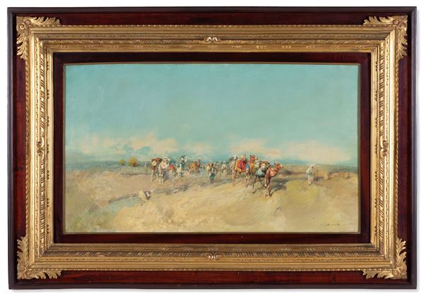 TITO PELLICCIOTTI - Painting "LANDSCAPE WITH BERBERS AND CAMELS"