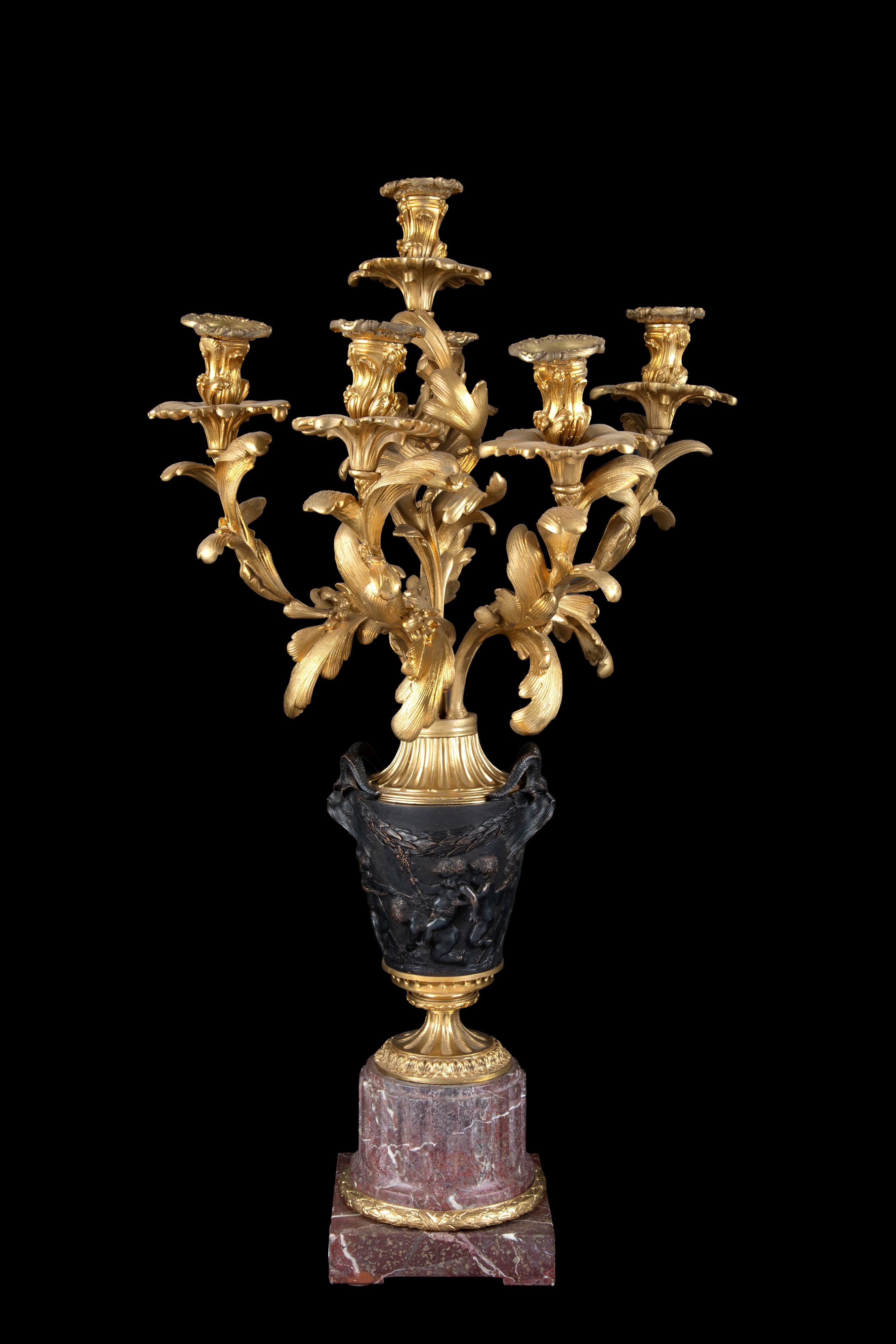 Candelabro a sei fiamme, bronzo dorato e brunito con base in marmo, fine XIX secolo