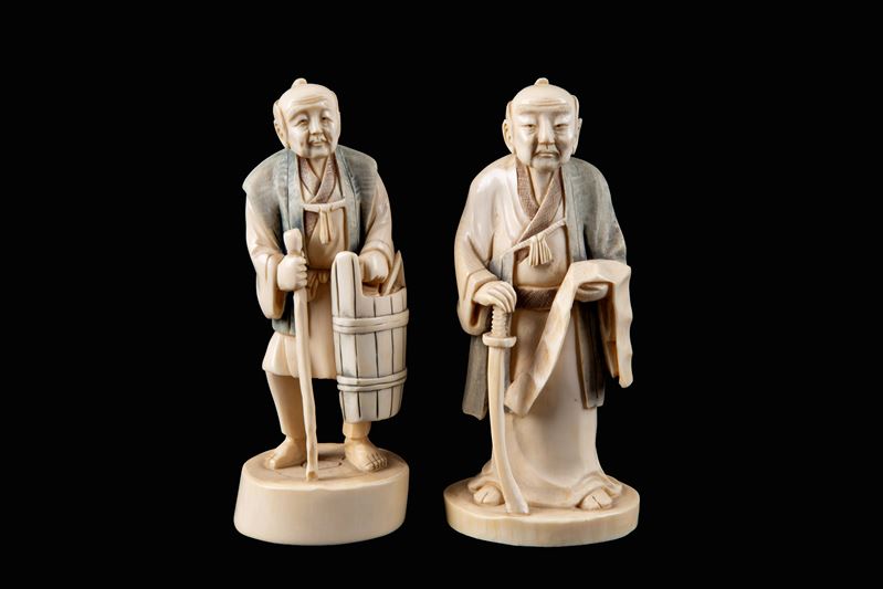 Sculture in avorio raffiguranti «Anziani», Cina, Dinastia Qing