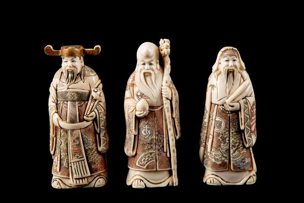 Three ivory sculptures "DIVINS OF FORTUNE: FU, LU, AND SHOU"