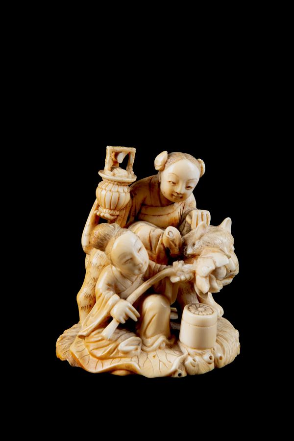 Ivory sculpture "MAIDS IN THE COMPANY OF A TIGER"
