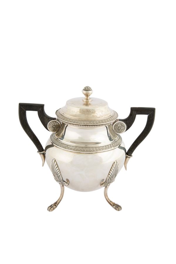 Silver sugar bowl with wooden handles