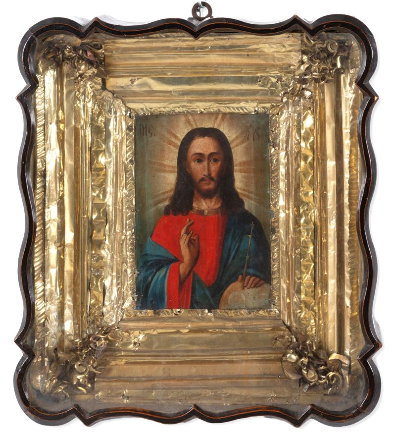 Cristo Pantocratore, dipinto a olio su tavola (XIX secolo) in teca con cornice in legno mosso e l...