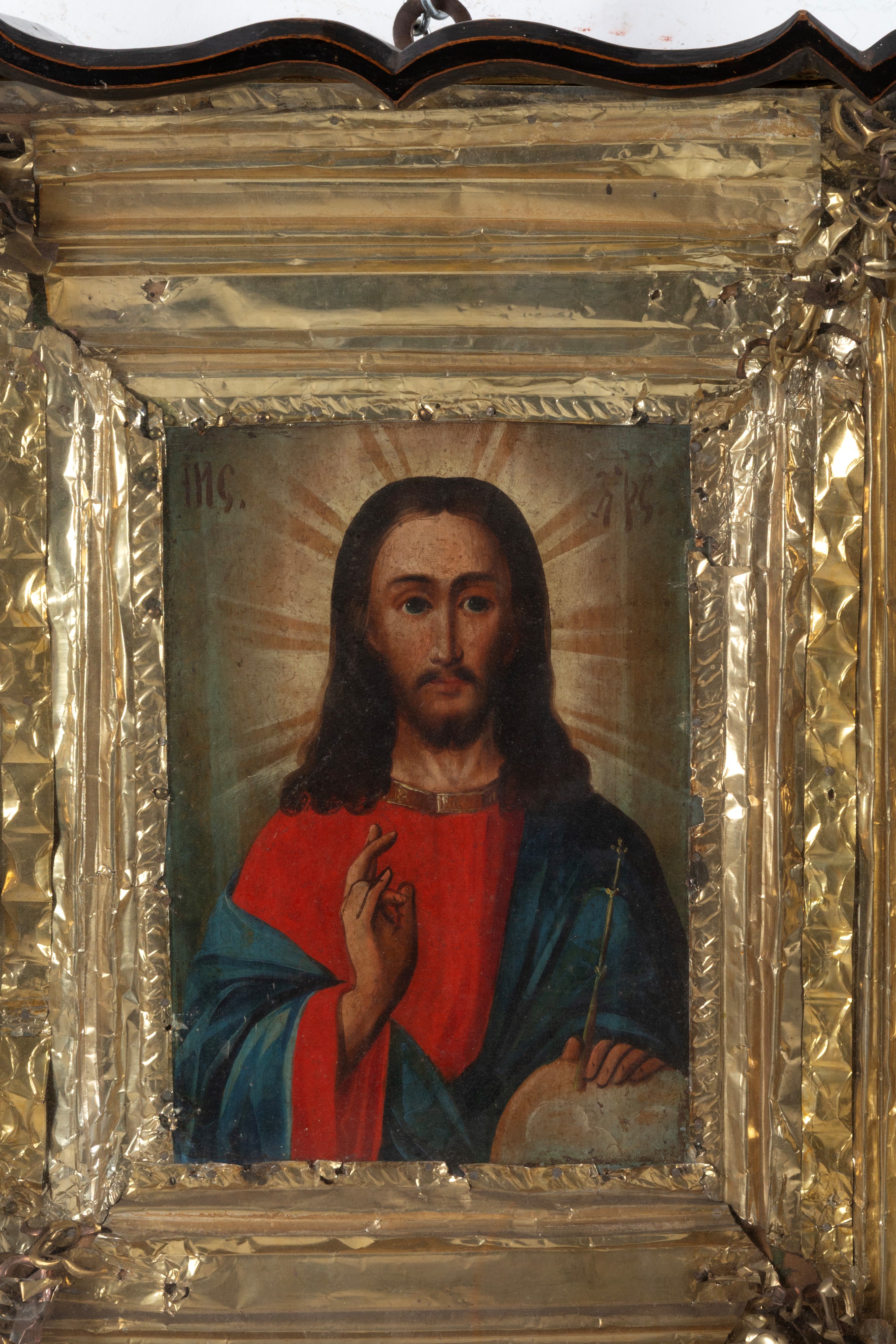 Cristo Pantocratore, dipinto a olio su tavola (XIX secolo) in teca con cornice in legno mosso e l...