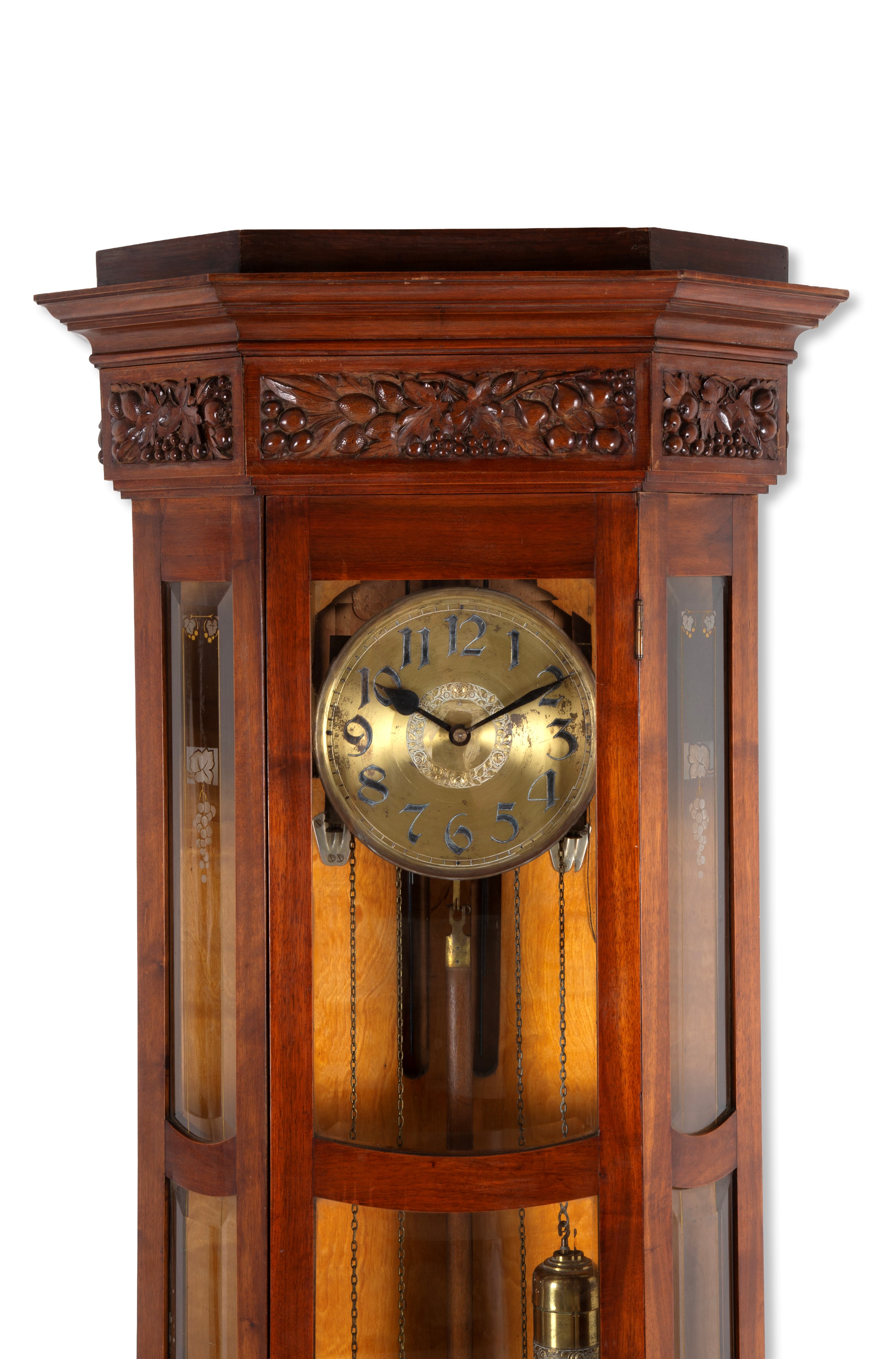 Orologio a torre, legno e vetro molato a tralci d’uva, fine XIX secolo