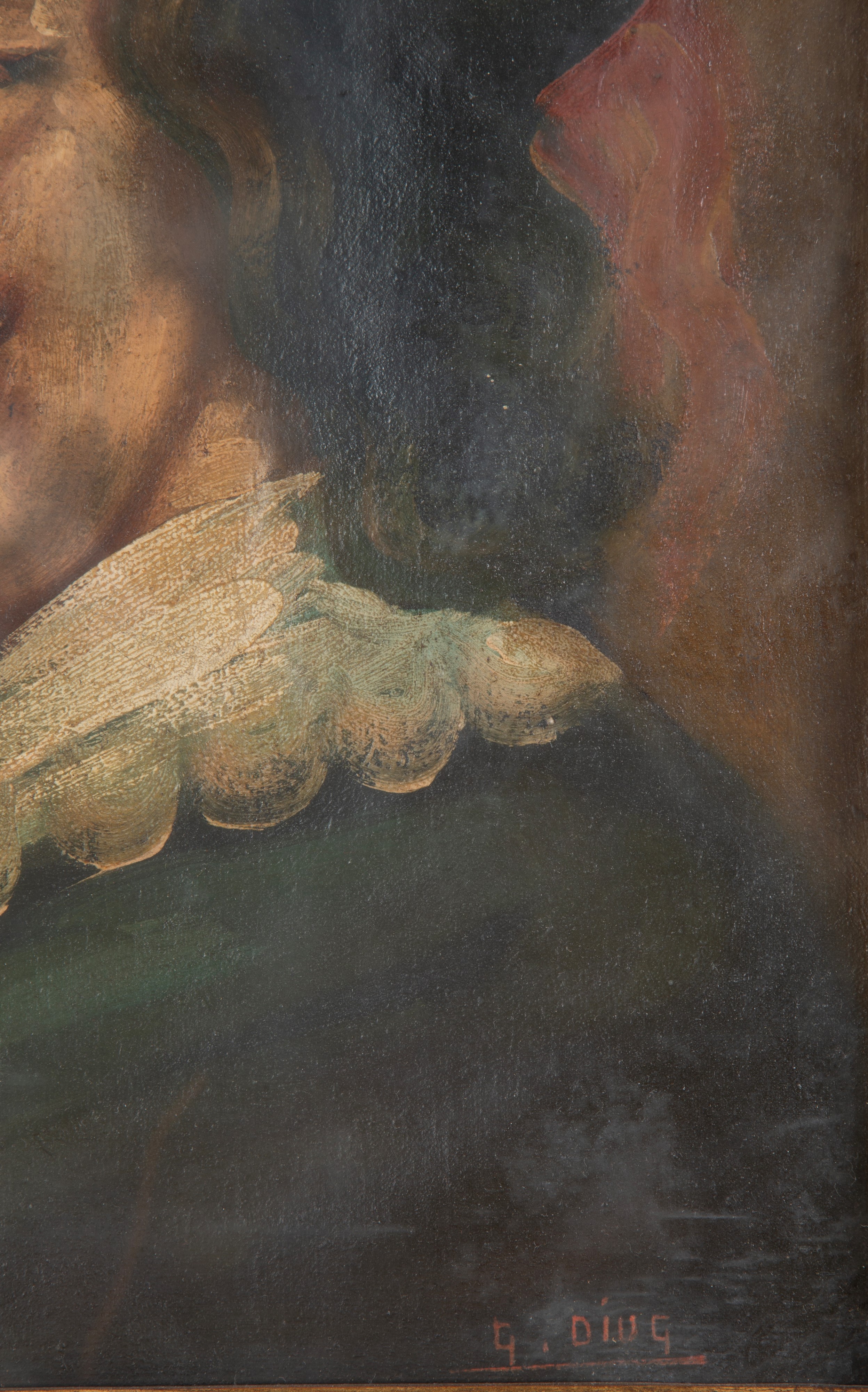 G. Diug, Ritratto d'uomo con cappello con piume, olio su tela