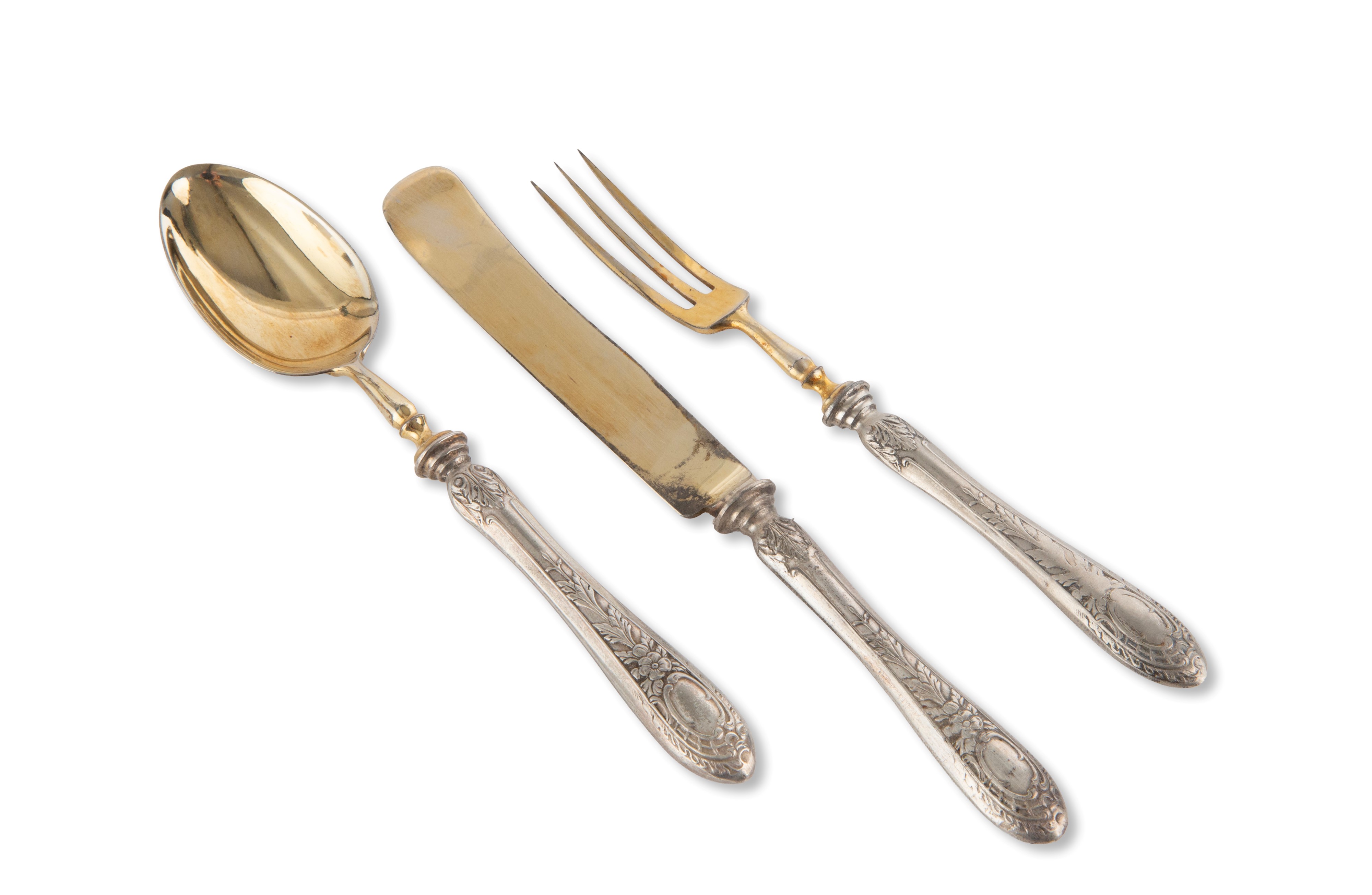 Set di posate da dolce in argento e vermeil, con custodia, XX secolo