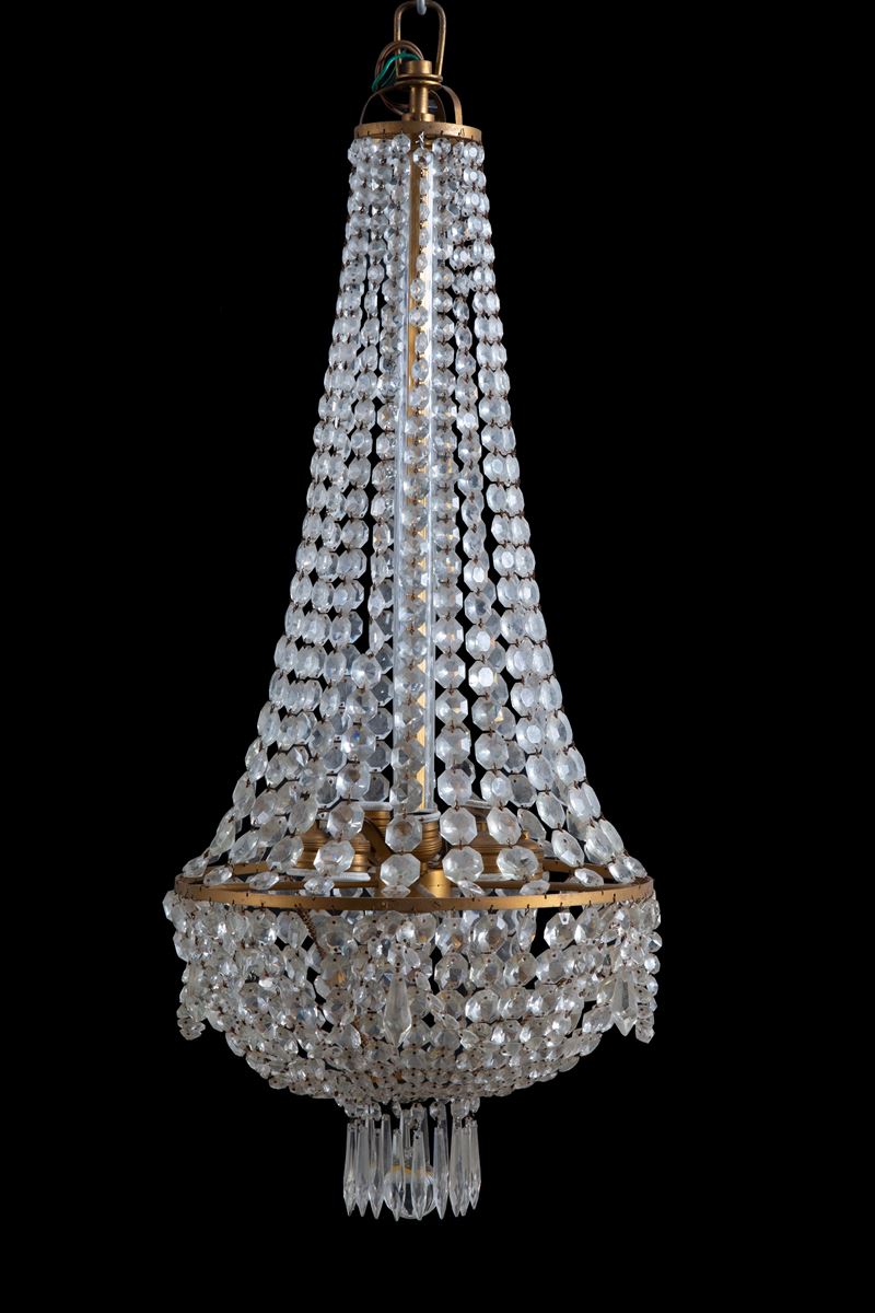 Lampadario a mongolfiera, sette luci, ottone e vetro (XIX secolo)