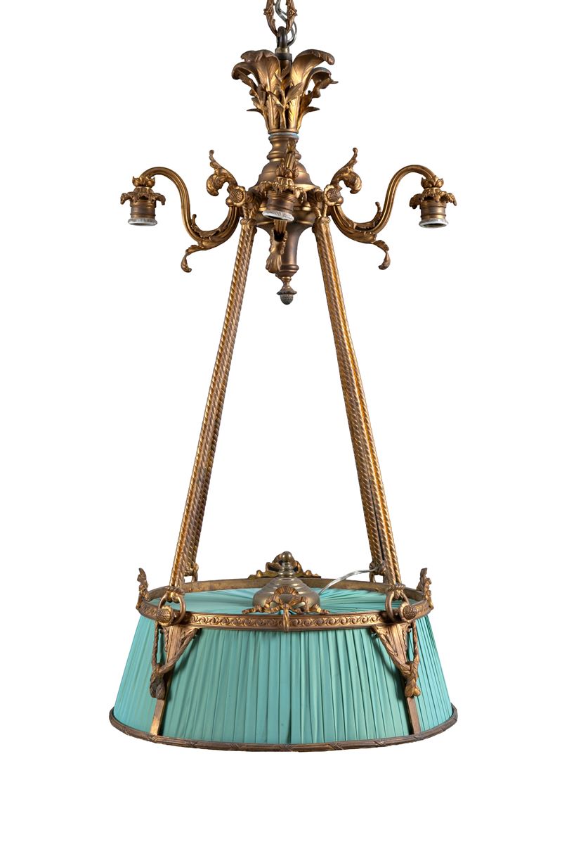 Lampadario a sei luci, bronzo dorato e stoffa (XX secolo circa)