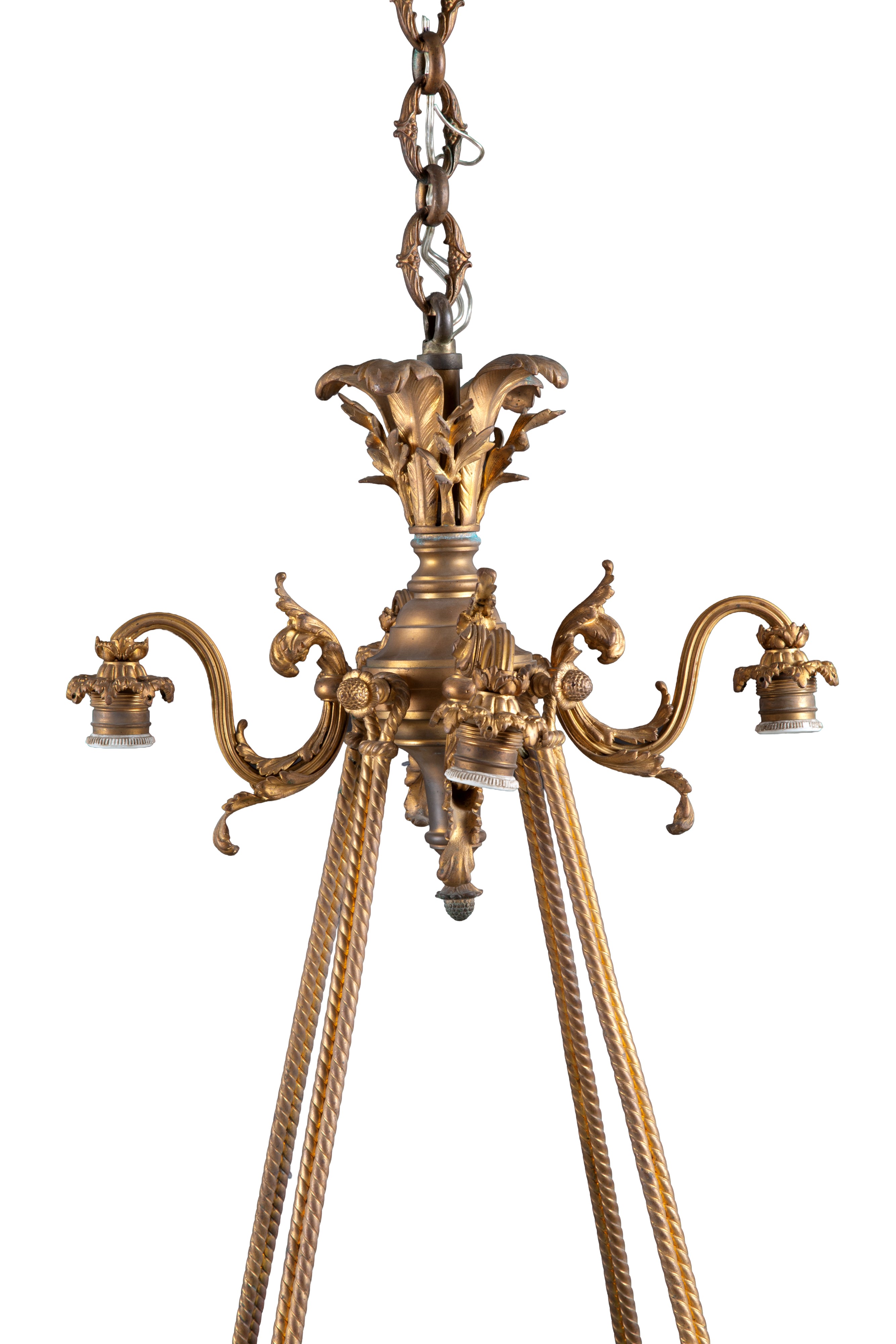 Lampadario a sei luci, bronzo dorato e stoffa (XX secolo circa)