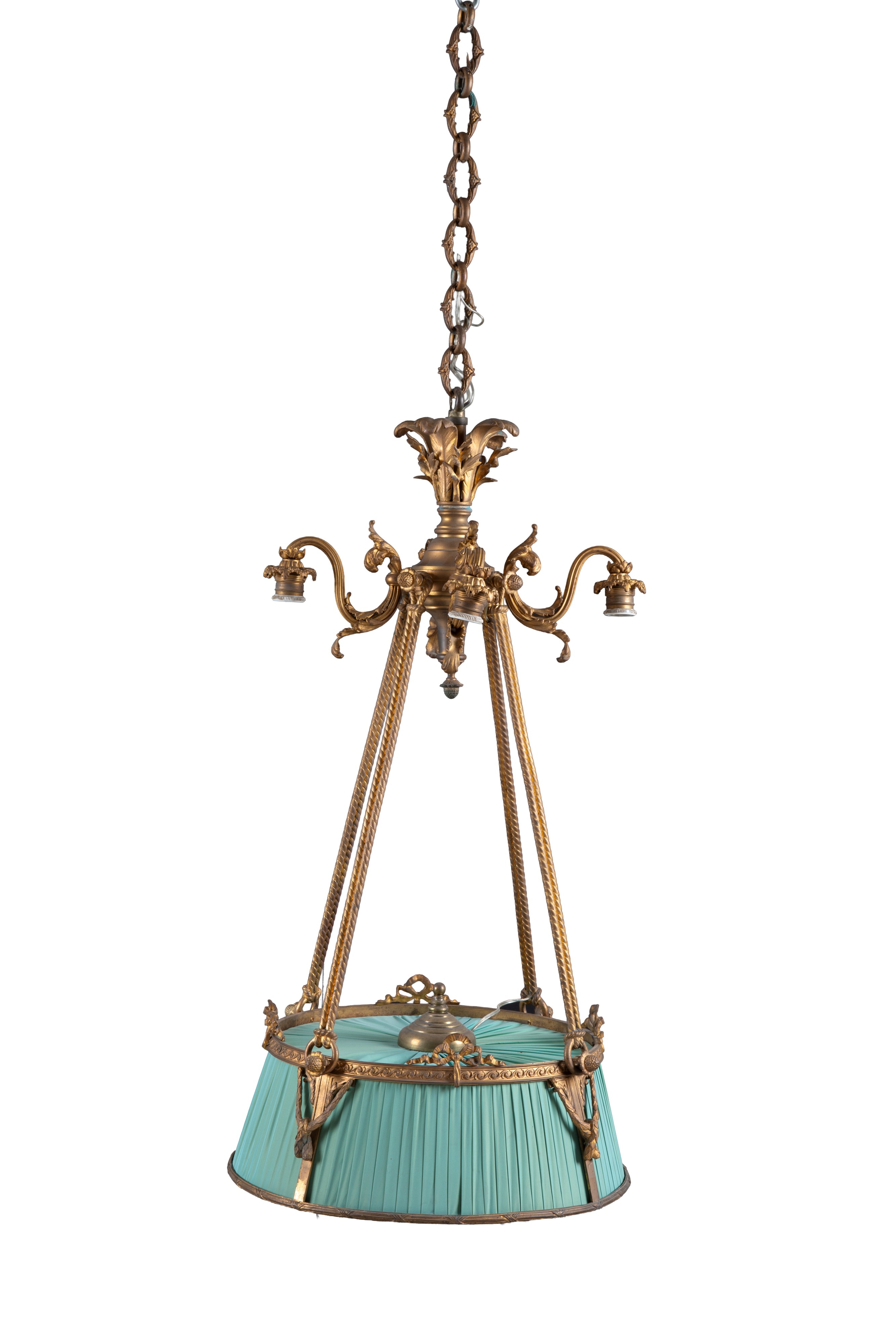 Lampadario a sei luci, bronzo dorato e stoffa (XX secolo circa)