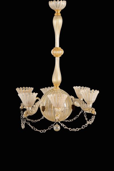 SEGUSO VETRI D’ARTE, Lampadario a sei luci in vetro di Murano righe bianco e oro