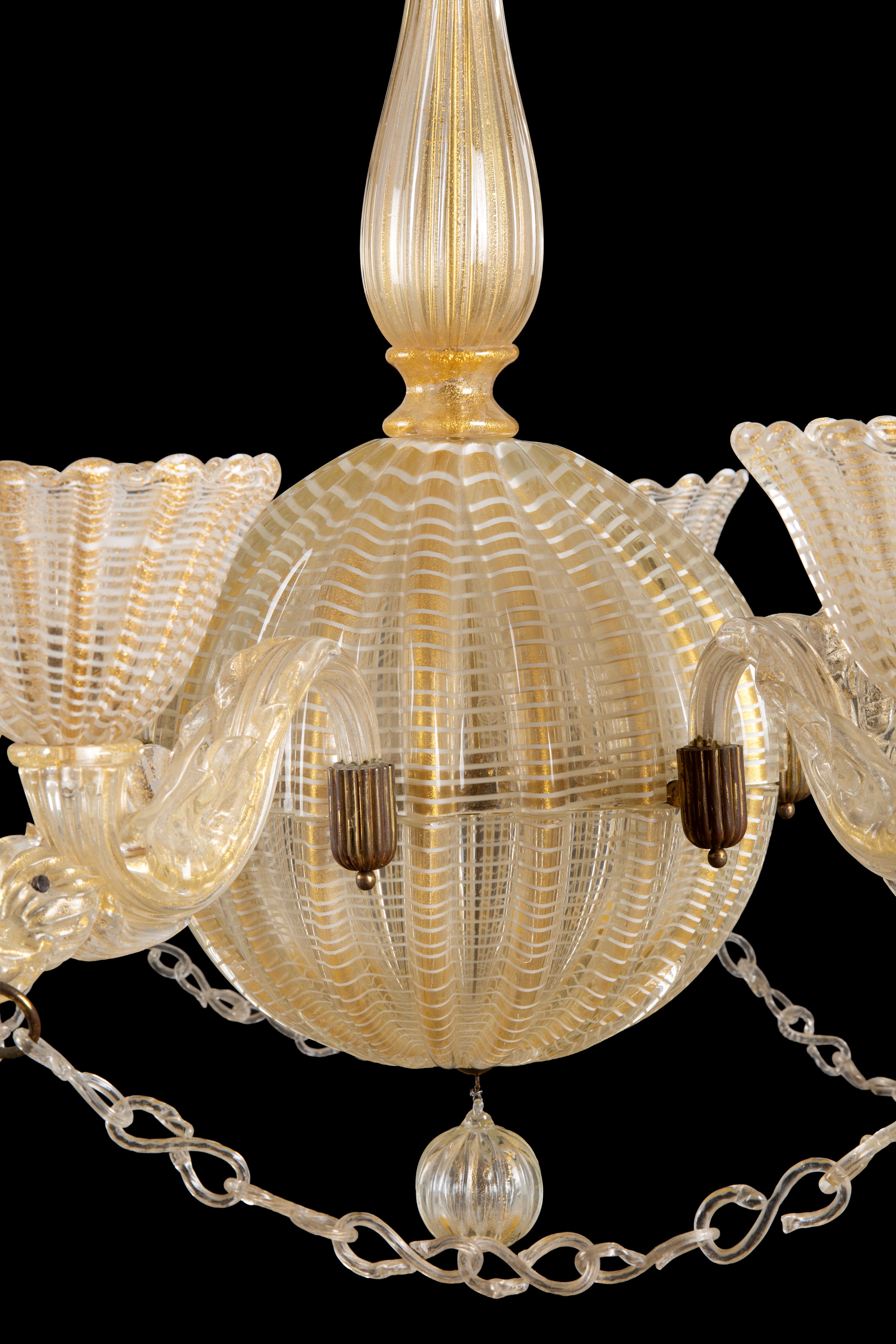 SEGUSO VETRI D’ARTE, Lampadario a sei luci in vetro di Murano righe bianco e oro