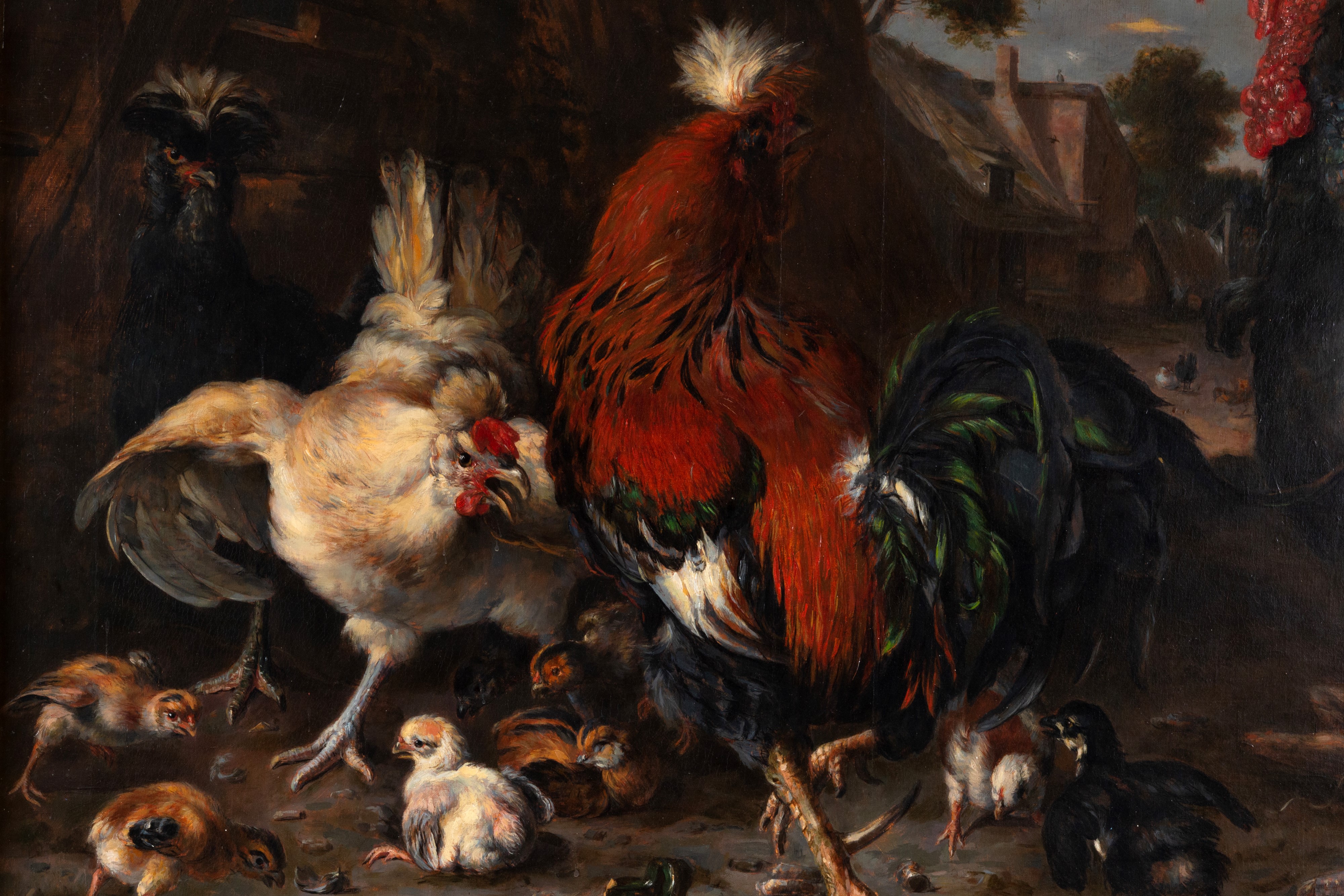 Dipinto raffigurante Gallo, galline e tacchino, olio su tela (XIX secolo)