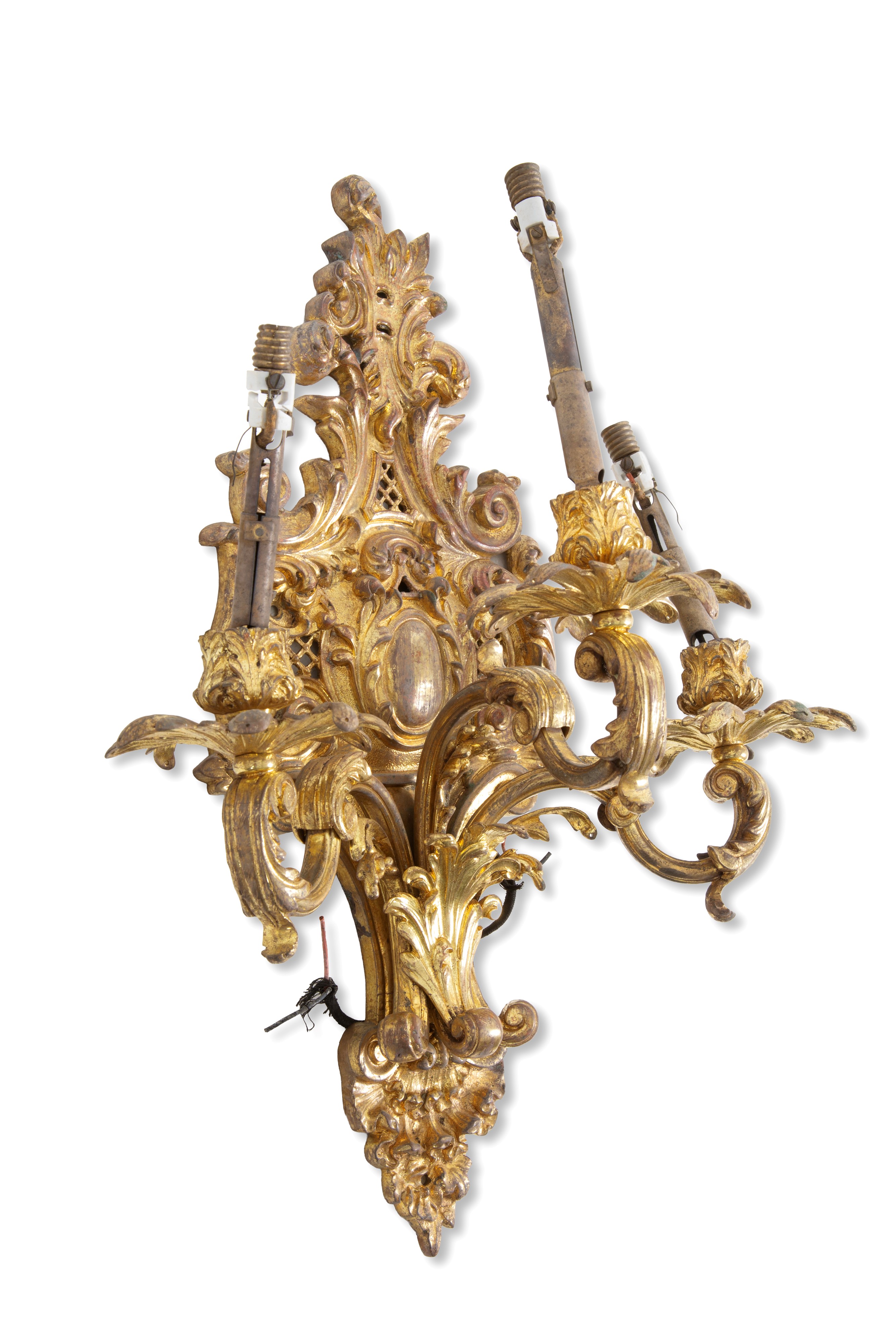 Fine XIX secolo, Coppia di applique a tre luci in bronzo dorato