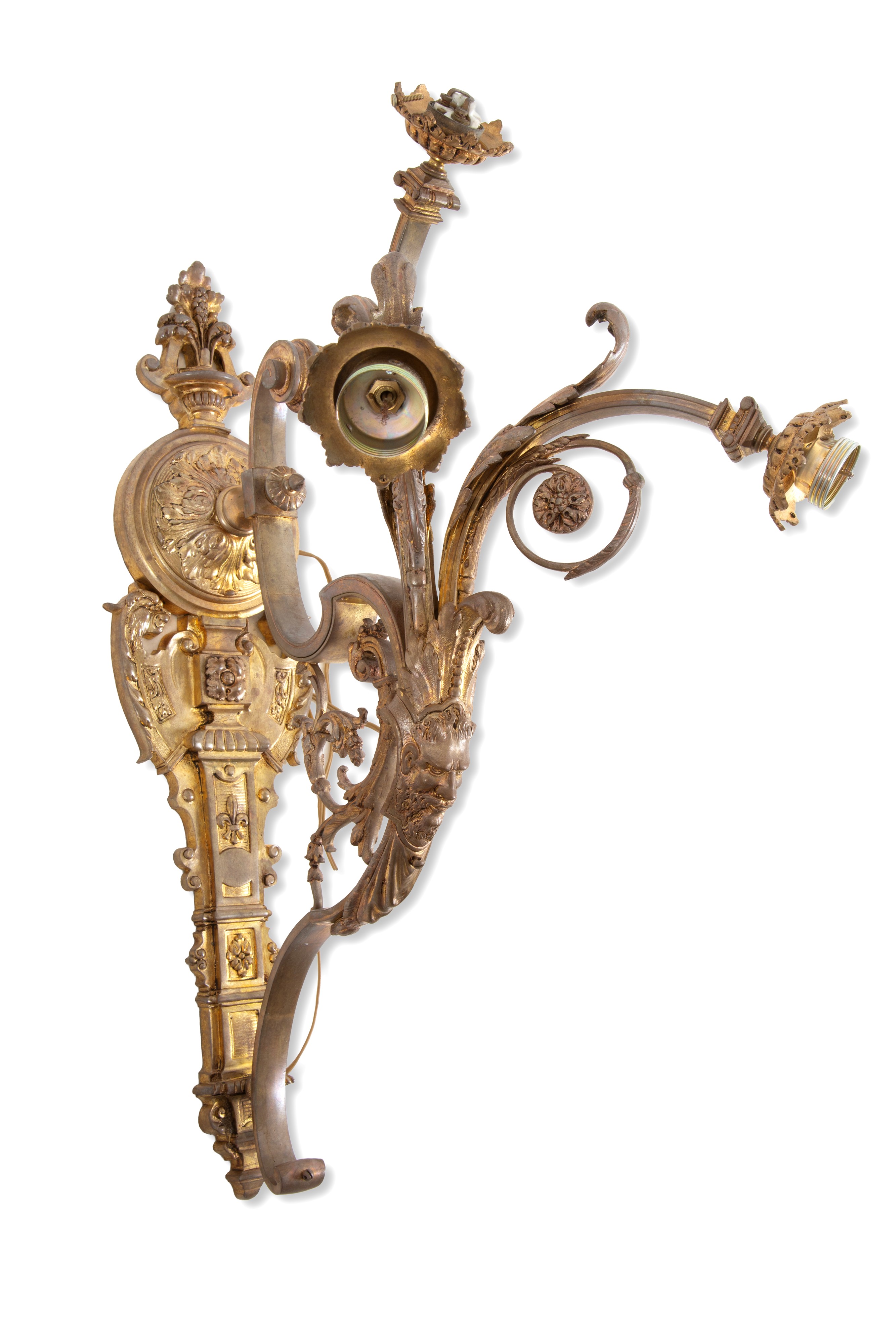 Fine  XIX secolo, Coppia di applique a tre luci in bronzo dorato