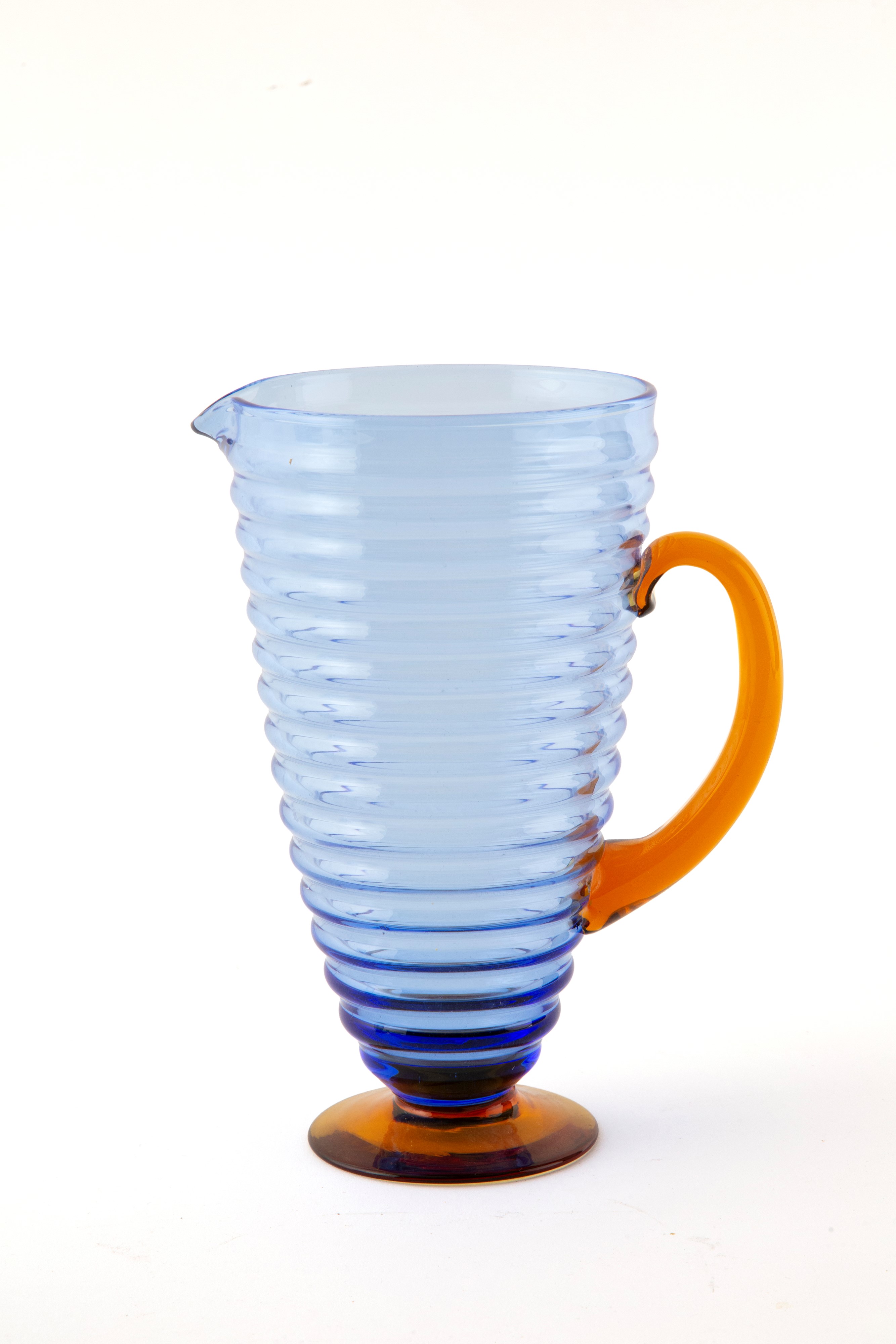 Servizio di bicchieri con brocca, vetro giallo e blu (anni '50-'60)