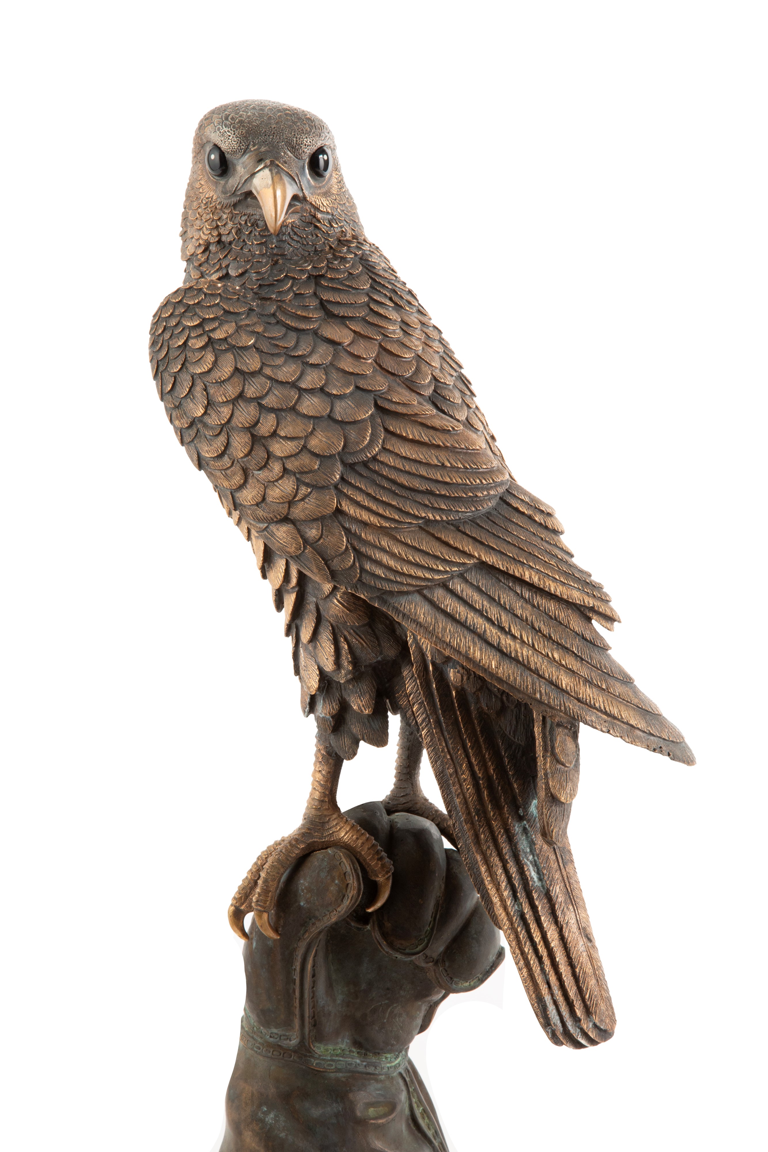 Scultura “Falco su guanto da falconiere”, bronzo cesellato, XX secolo